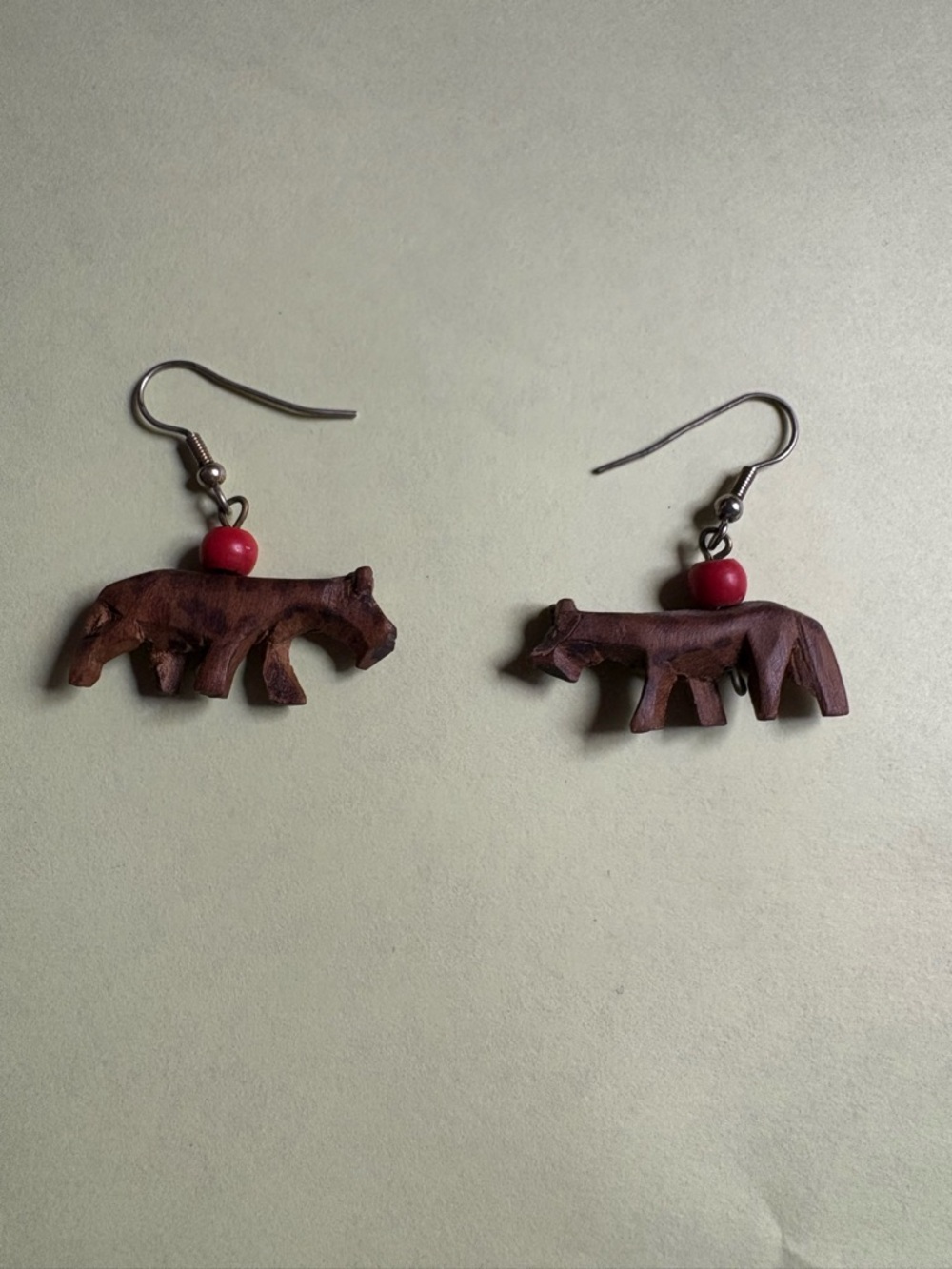 Hand-Carved Wooden Fox Earrings with Red Bead - Women Jewelry